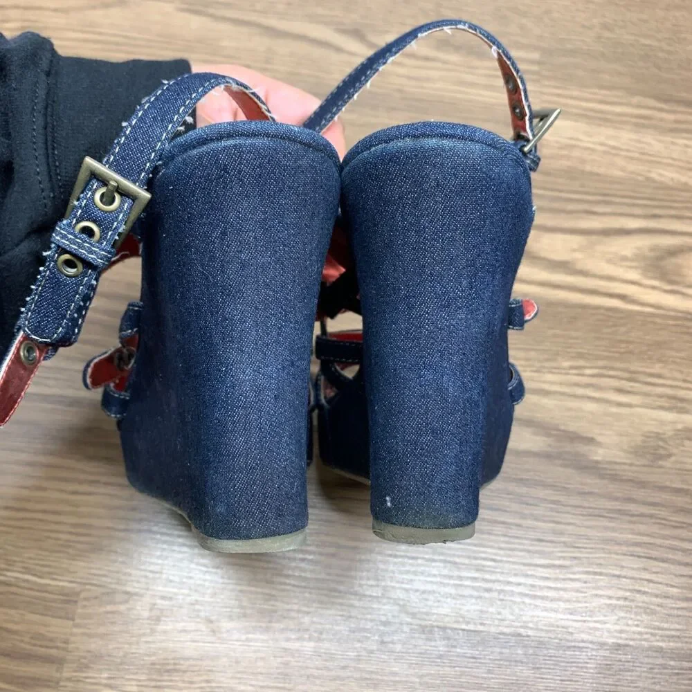 Women's Bongo Y2K‎ Playtime 7M Denim Platform Strappy Wedge Sandals Pre-owned